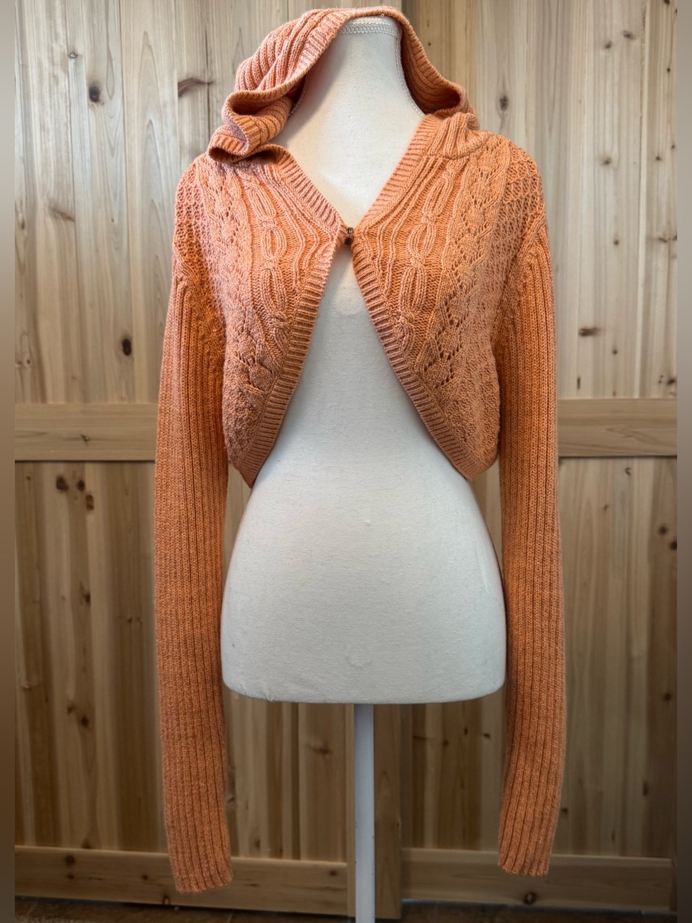 American Eagle Outfitters Peach Cable-Knit Cropped Hooded Cardigan